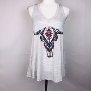 ♧Mmmm,  Cow Skull w/US Flag , Grey Tank Top Size M